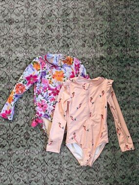 Girls' Long-Sleeve Rashguard One-Piece Swimsuit Bundle - 2 suits included